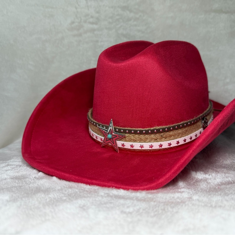 Red Cowgirl Hat with Star Band - Picture 2 of 6